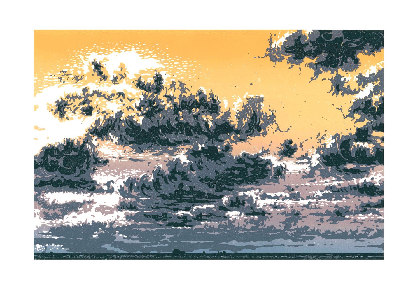 Estampe originale en linogravure couleur représentant des nuages.