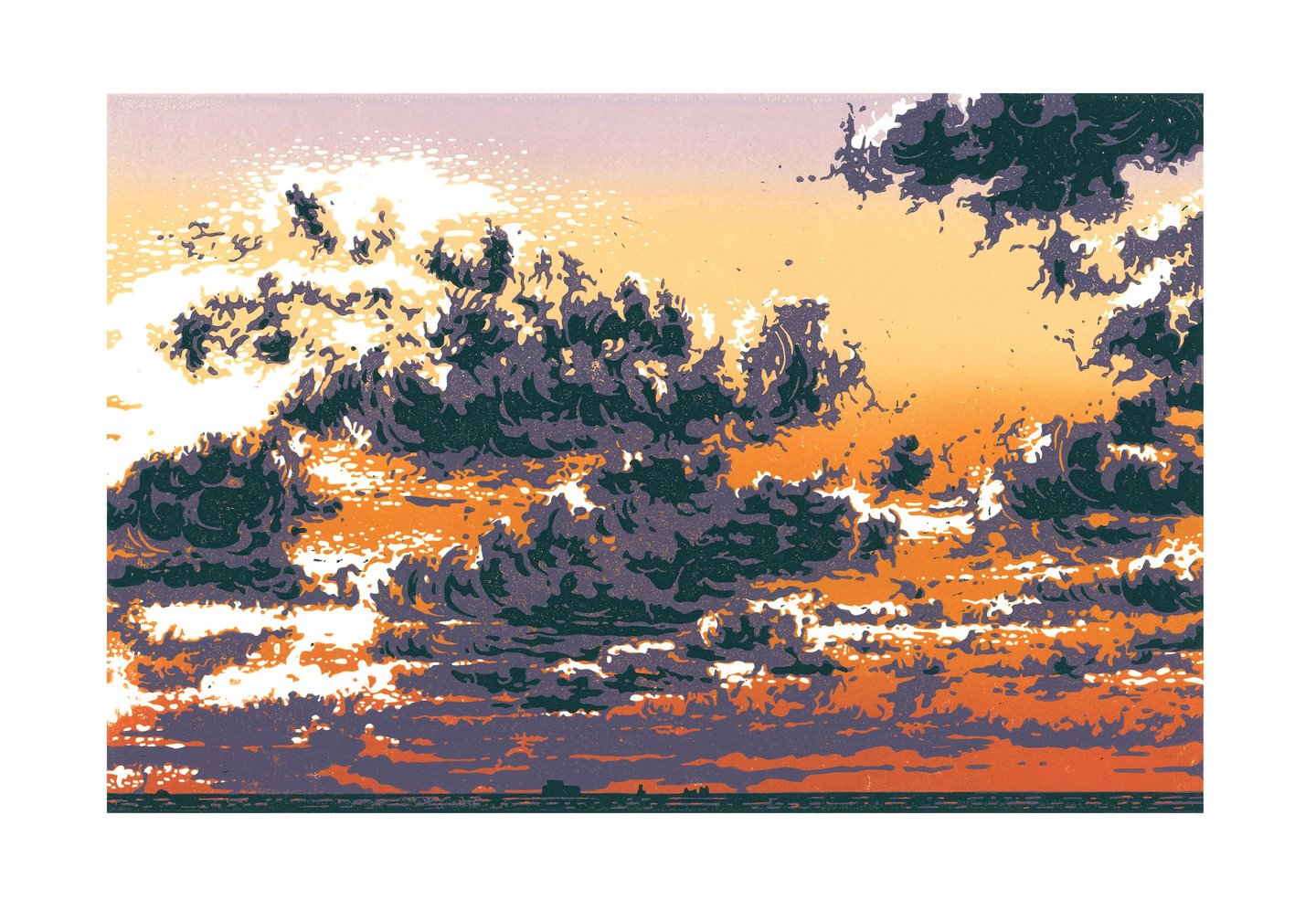 Estampe originale en linogravure couleur représentant des nuages.