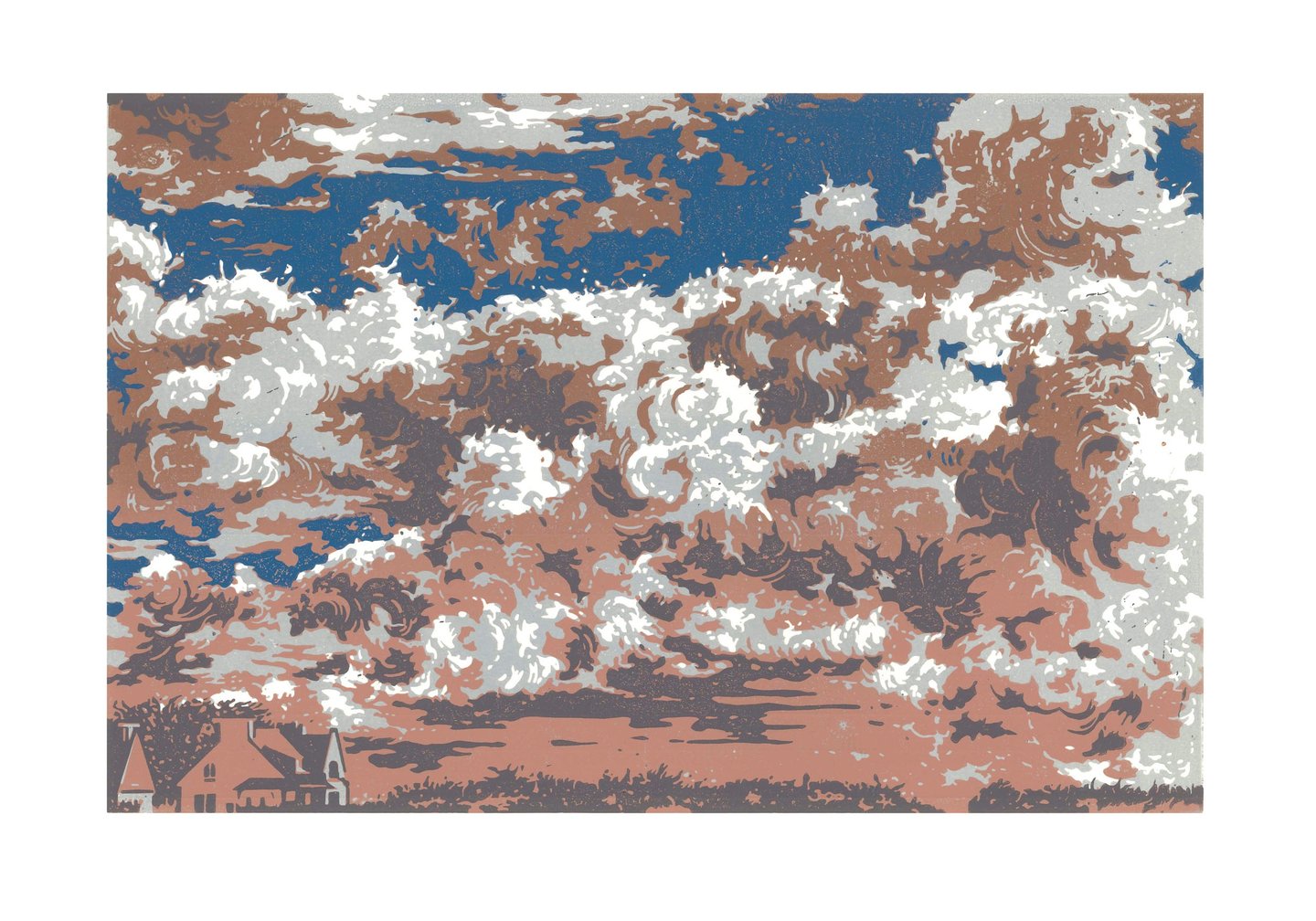 Estampe originale en linogravure couleur représentant des nuages.