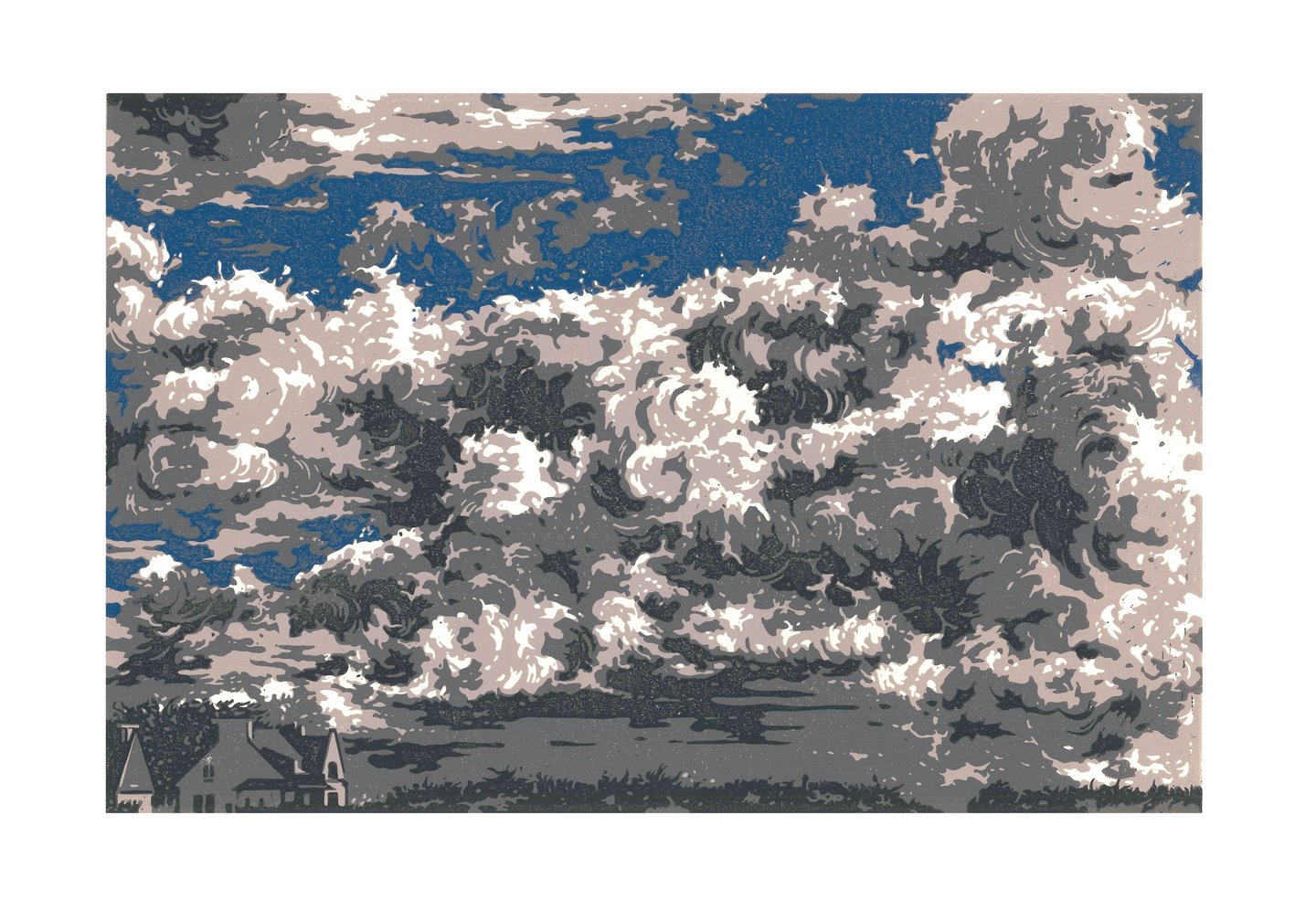 Estampe originale en linogravure couleur représentant des nuages.