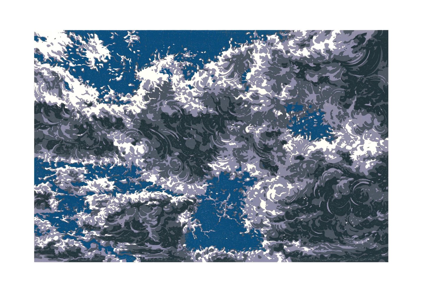 Estampe originale en linogravure couleur représentant des nuages.