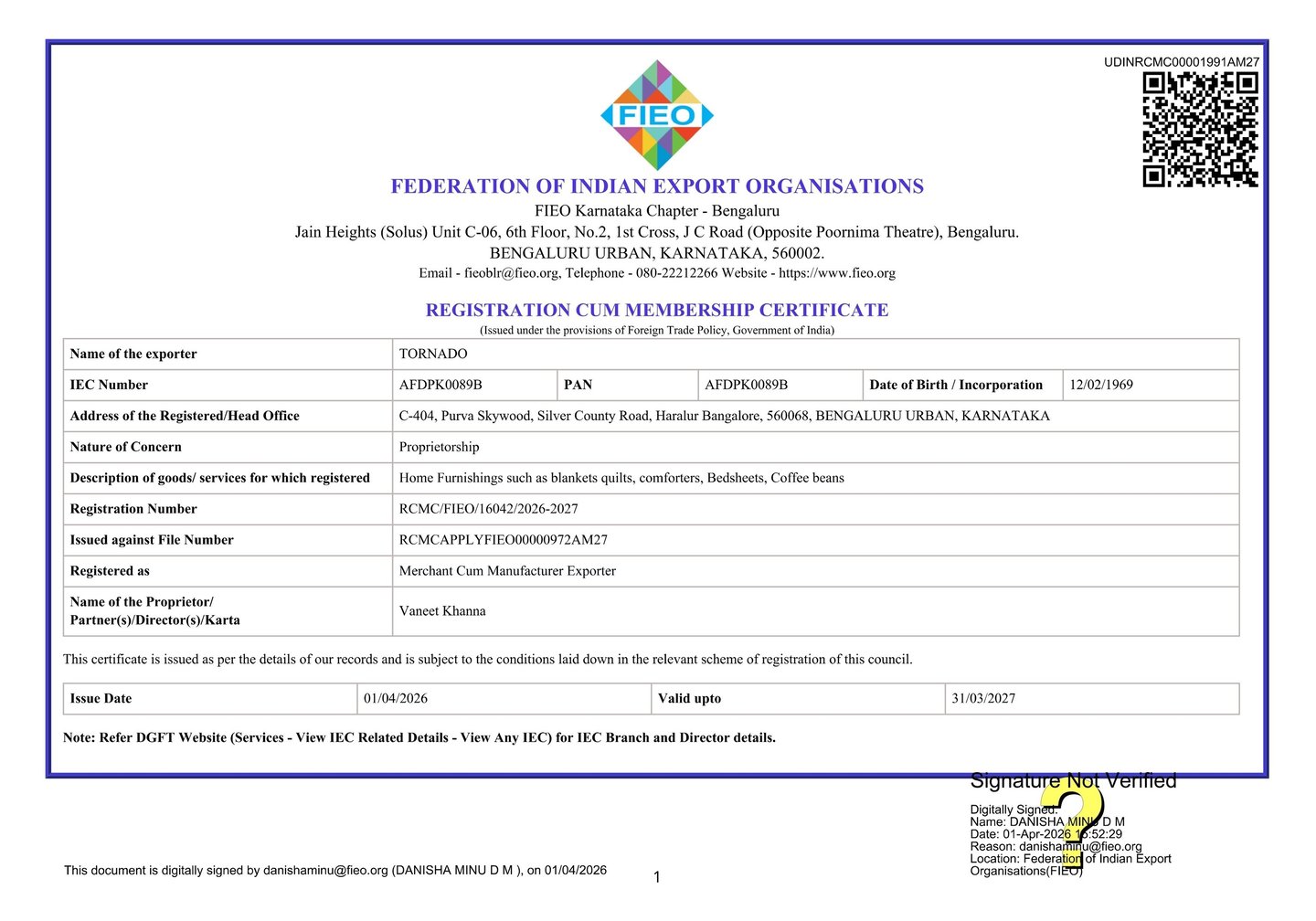 Official Registration Cum Membership Certificate from the Federation of Indian Export Organisations for TORNADO company.