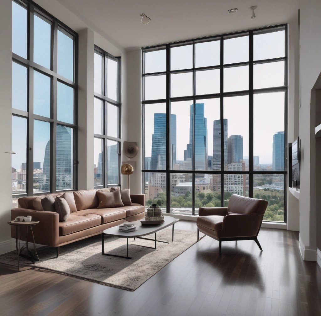 A sleek, modern living room bathed in soft twilight, showcasing dramatic shadows and golden accents.