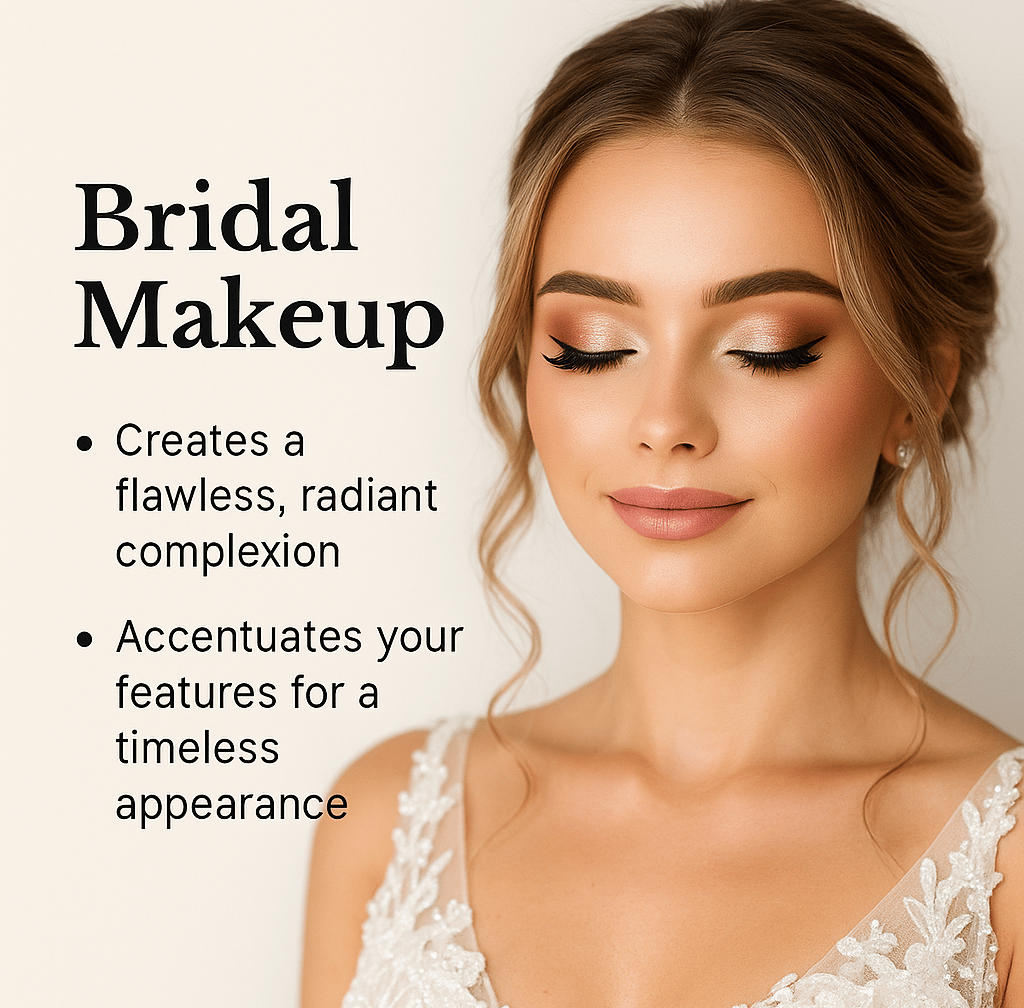 Professional bridal makeup look with defined brows and soft glam at Glam S Beauty.