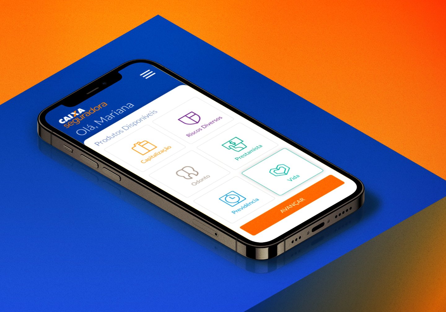 Smartphone displaying the Caixa Seguradora insurance mobile app with icons for life and dental plans.