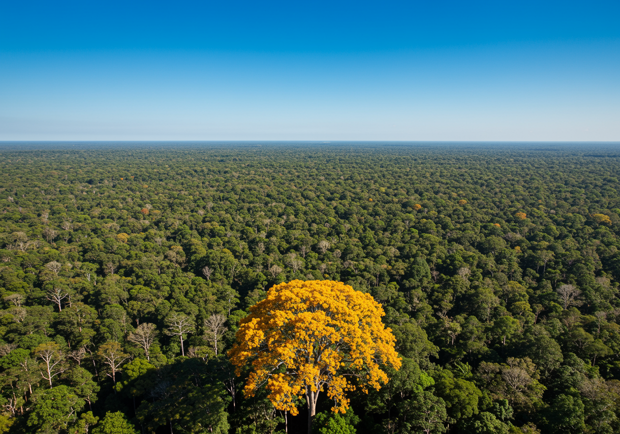 Ipê amarelo florescendo em destaque em uma floresta verde, uma Estratégia de Narrativa de Marca