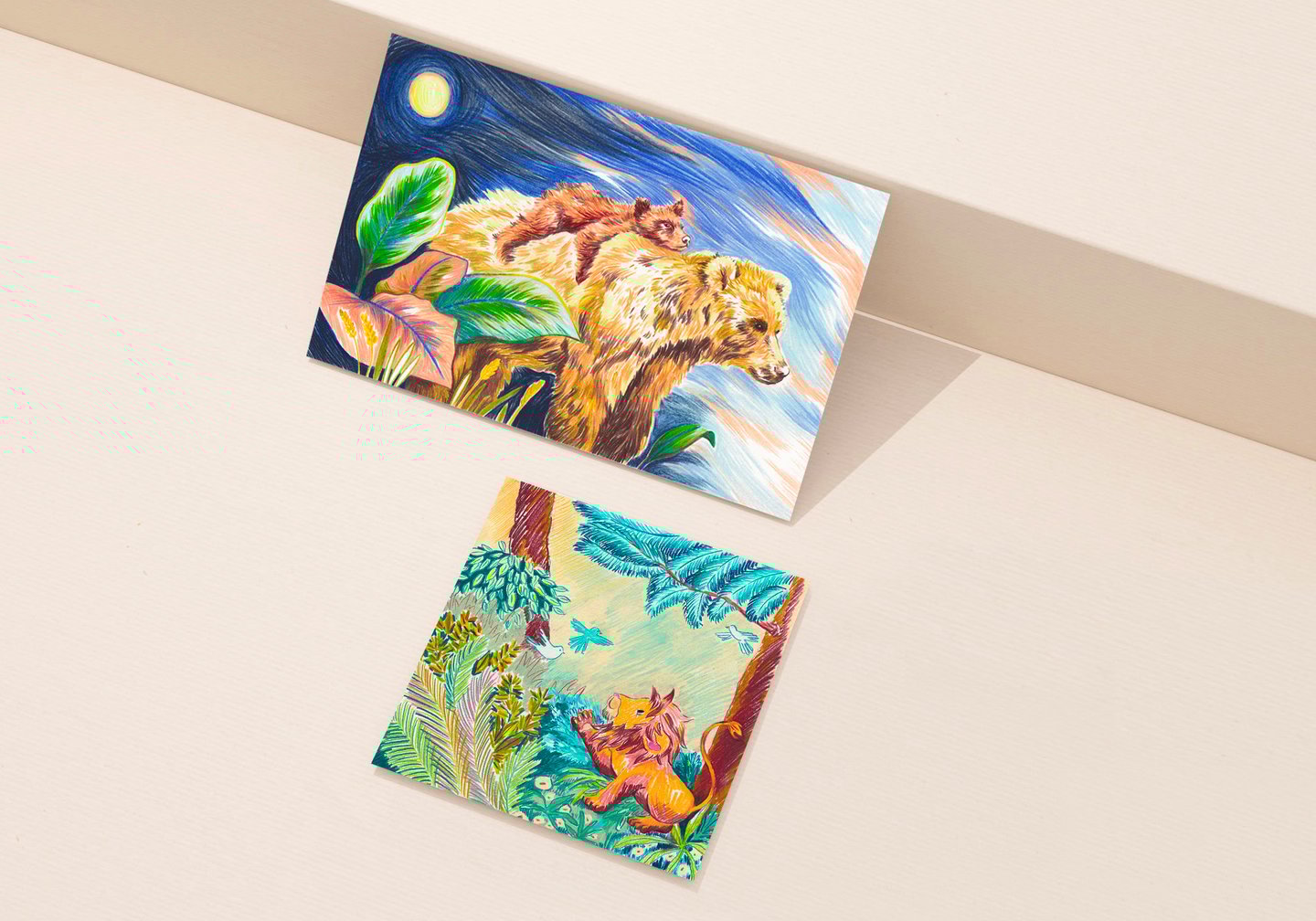 a couple of paintings of bears and a bear