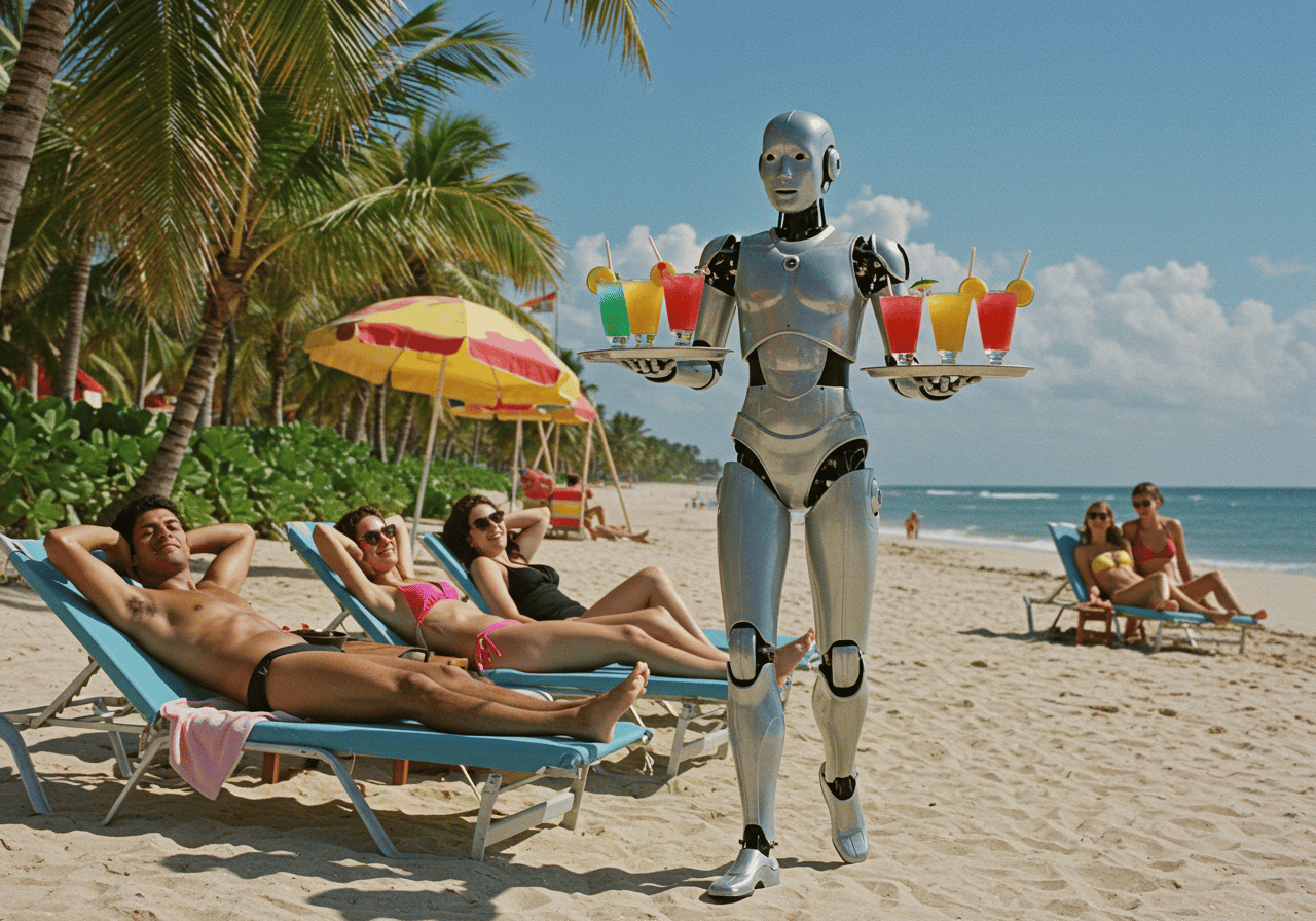 Robot sirviendo trabajos en una playa ¿Nos vamos a quedar sin trabajo? ¡¿Qué hacemos?!