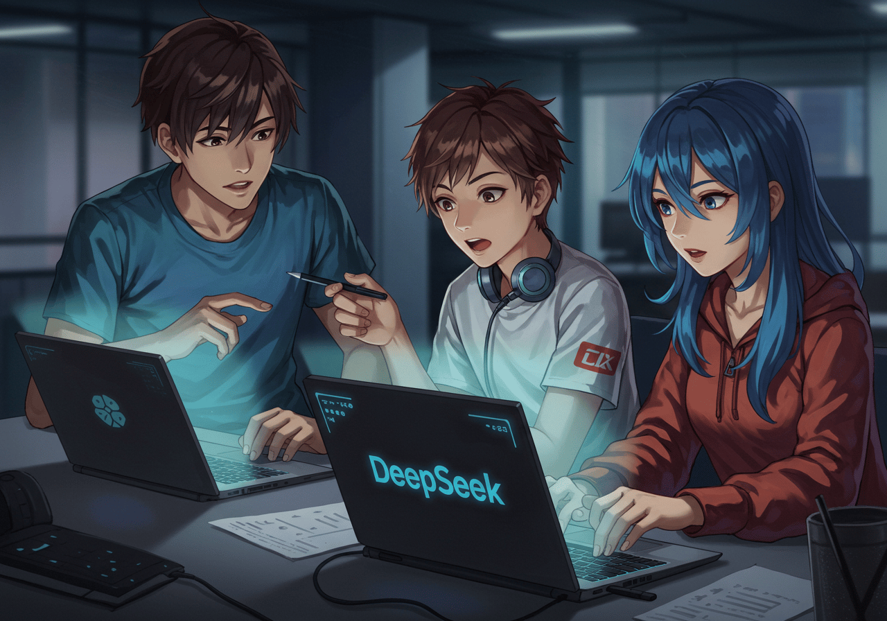 DeepSeek team, a group of people sitting around a laptop