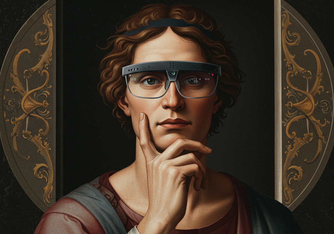 Homo Augmentus, Federico Lix Klett, a painting of a man with glasses and a headband