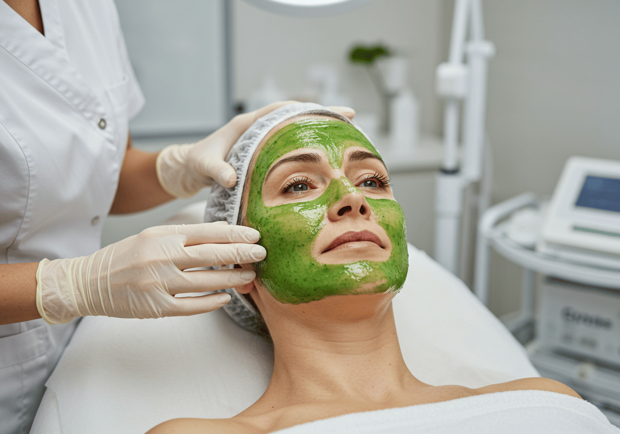 A woman receiving a green organic facial mask treatment at a professional skincare spa.
