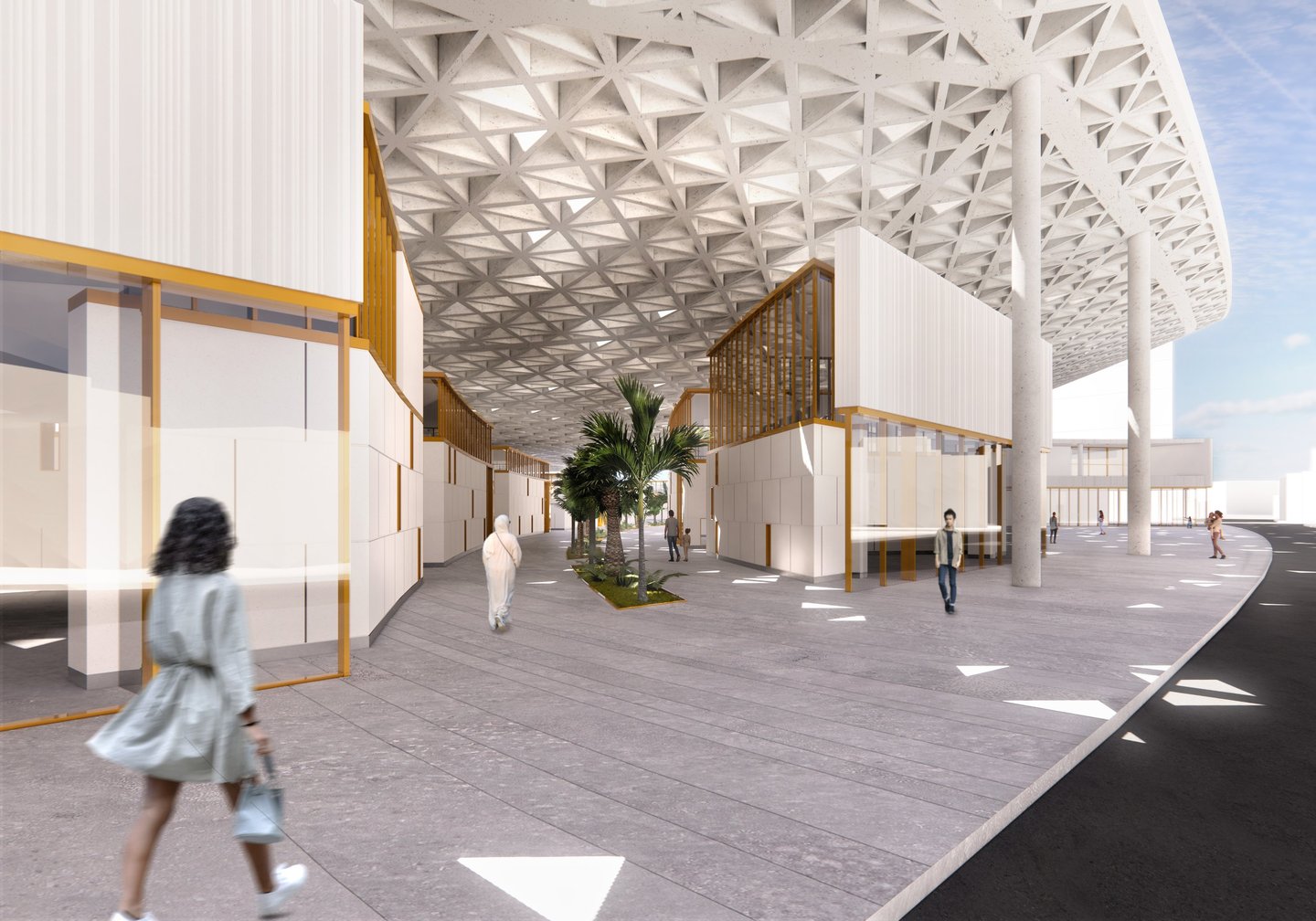 A woman walking down an outdoor path under a triangulated concrete roof