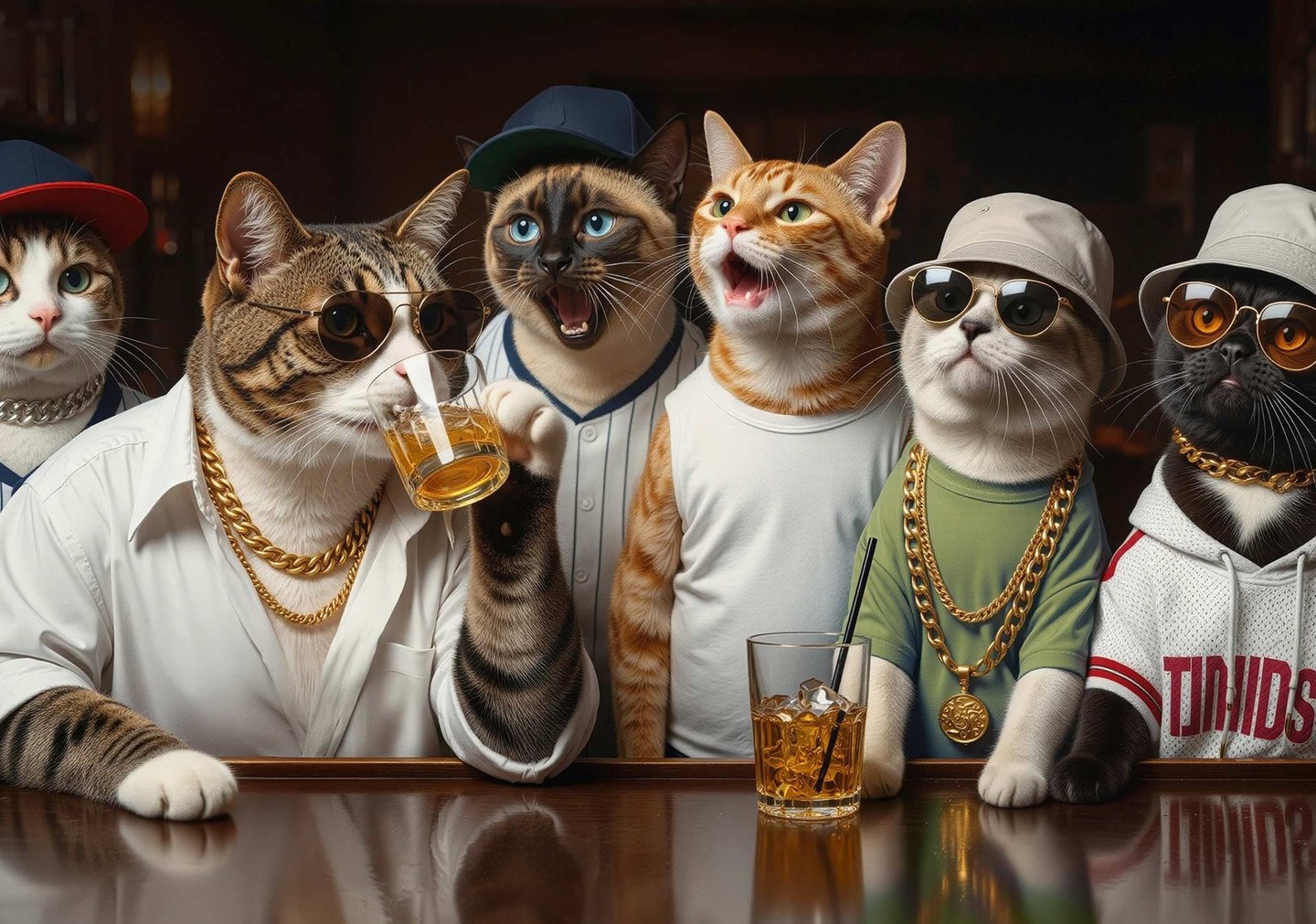 a gang of hip hop style cats standing at a bar