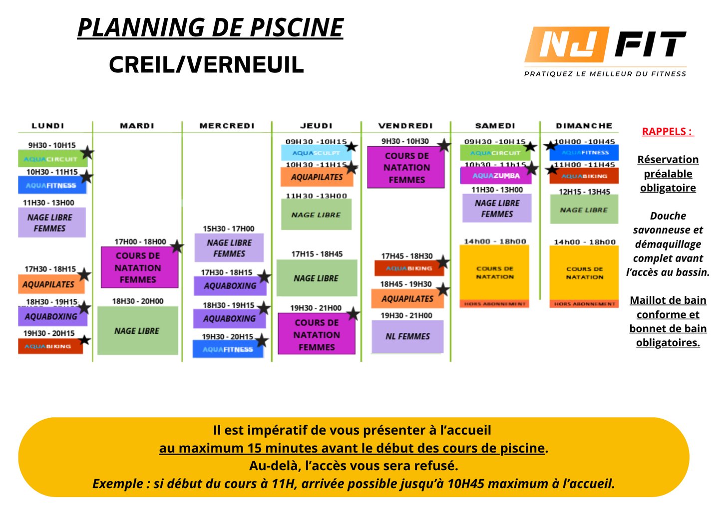 Planning piscine NJFIT Creil-Verneuil