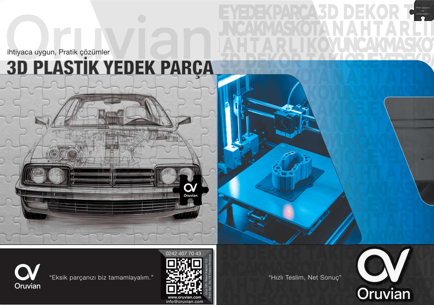 Oruvian 3D printer manufacturing a plastic automotive spare part with technical car blueprint puzzle graphic.