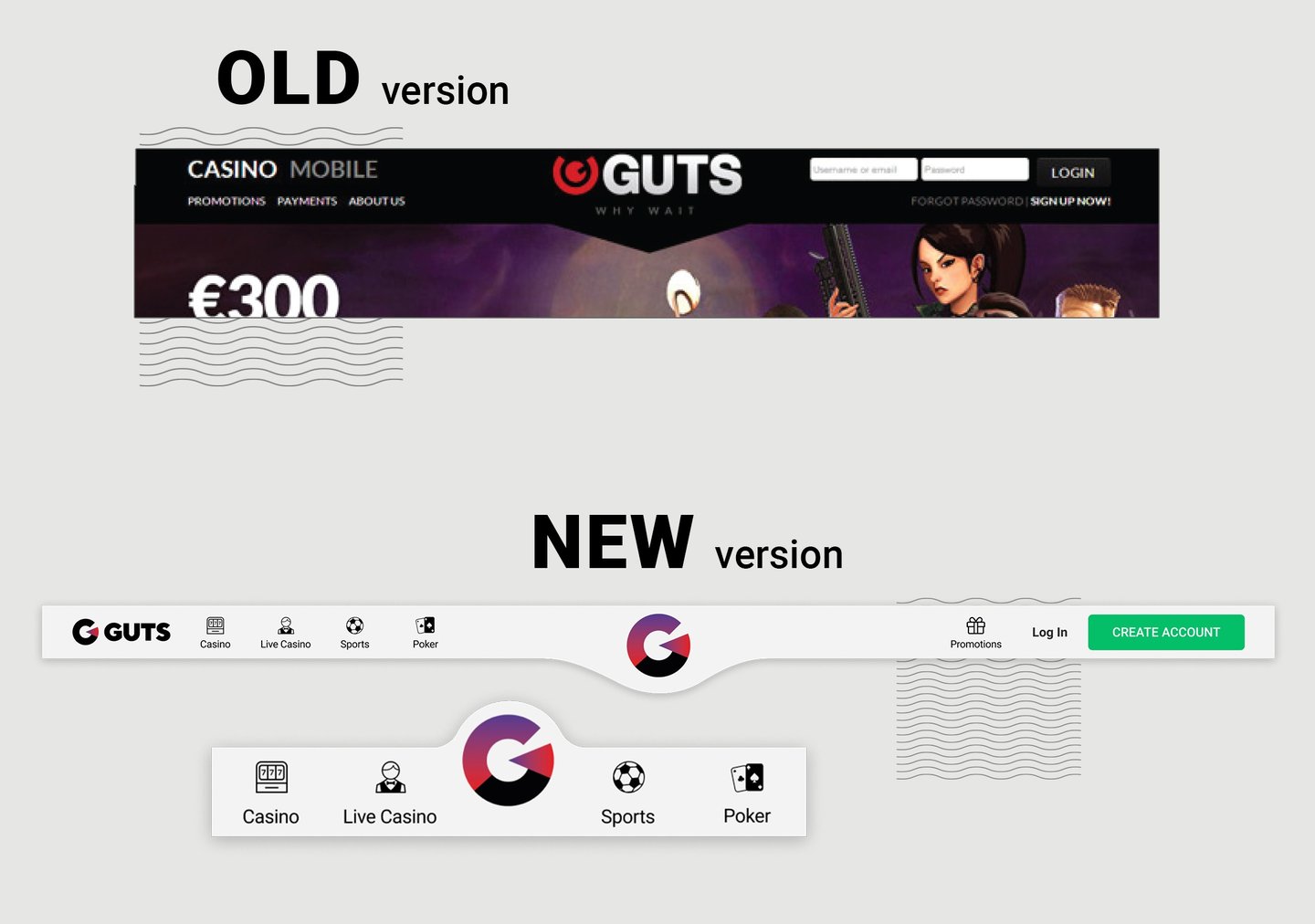 Guts navigation—old black header vs new white bar with centered “nav bump” logo and category icons