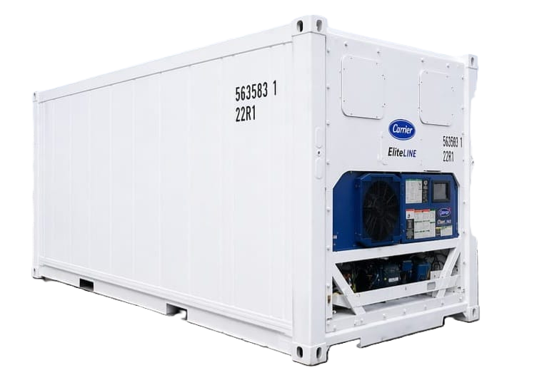 A 20ft white refrigerated shipping container with a Carrier EliteLINE cooling unit for cold storage.
