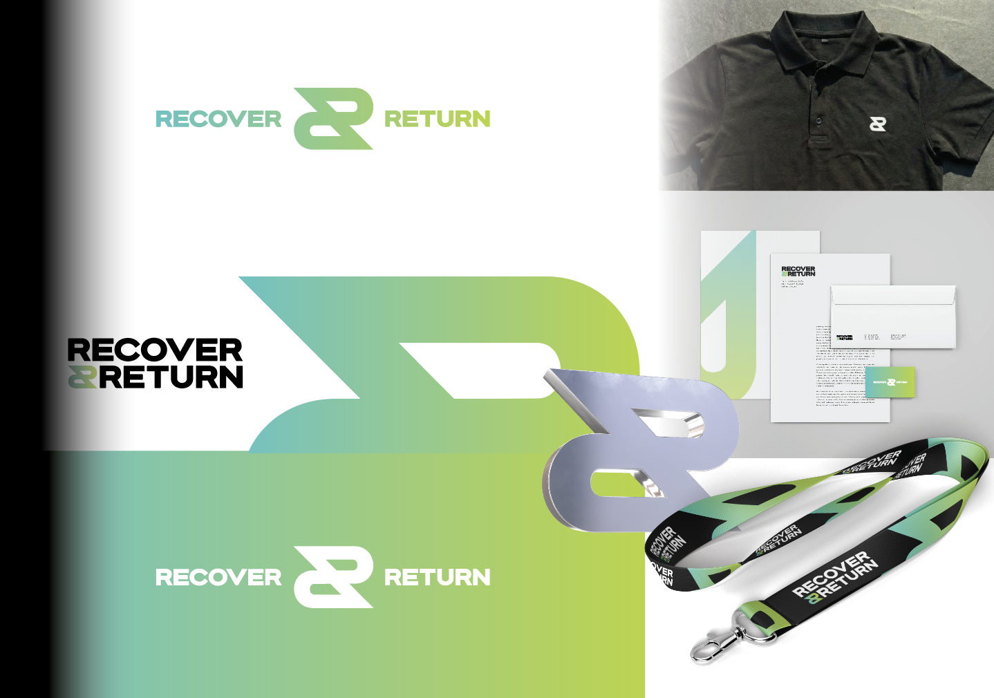 Recover & Return brand identity design showcasing a green gradient logo on stationery, polo shirts, and lanyards.