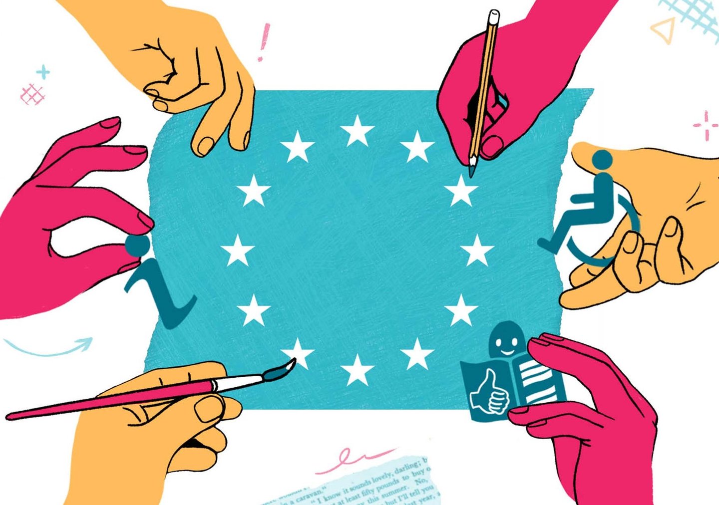 a group of hands holding a brush, pencil and symbols of disability on top of a Europe flag