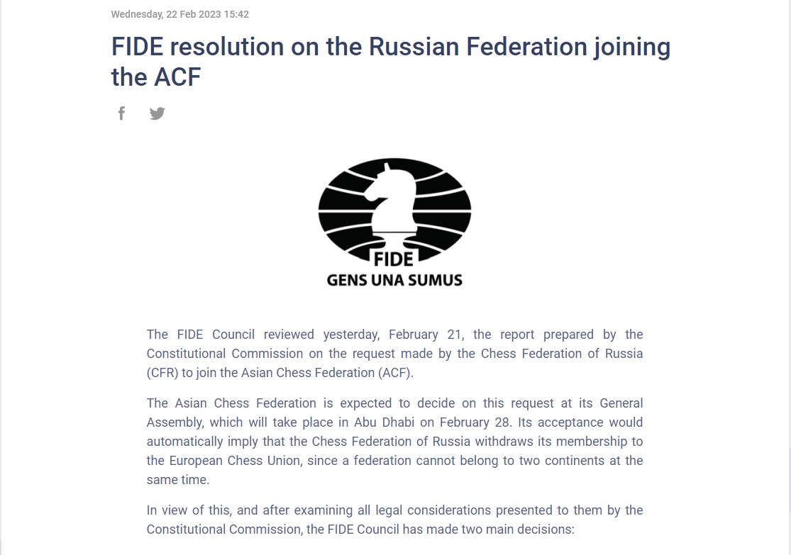 FIDE resolution on the Russian Federation joining the ACF