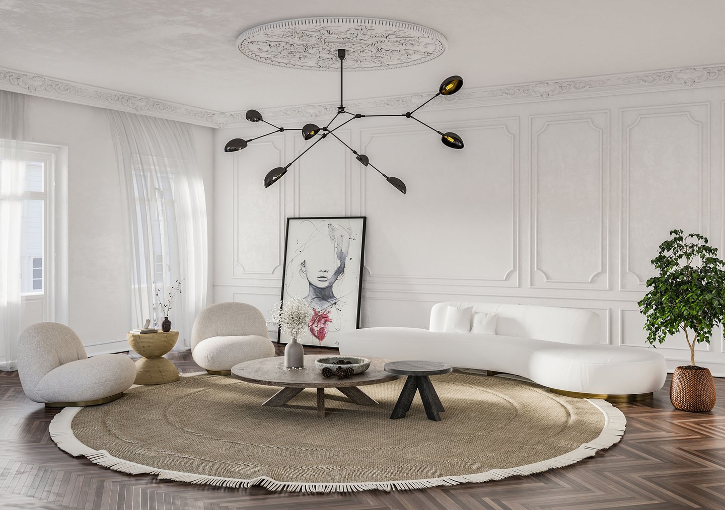 3D rendering of modern living room with curved sofa, beige chairs, round table, artwork, plant, and chandelier.