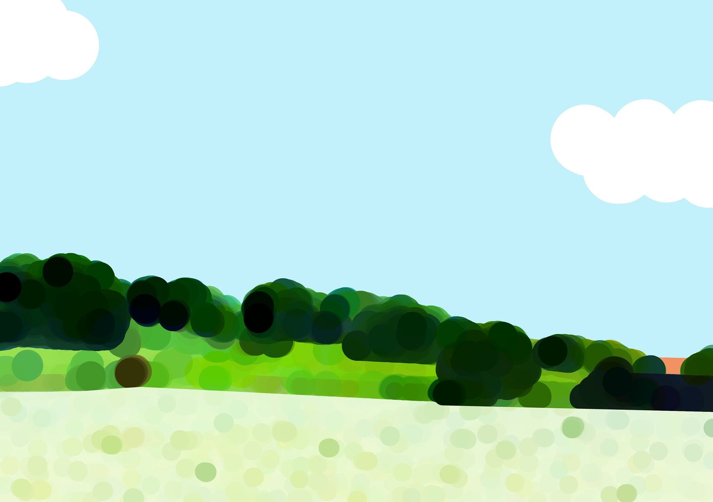 a cartoonish looking landscape with a cow in the foreground