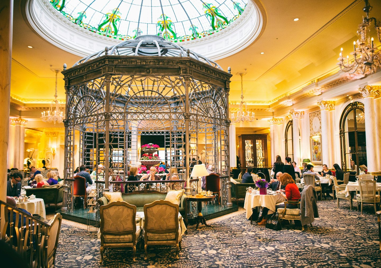 Elegant luxury hotel lobby in London with classic British design