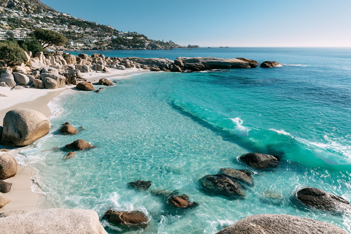 Aerial view of a secluded white sand beach with turquoise water and granite boulders in Cape Town.