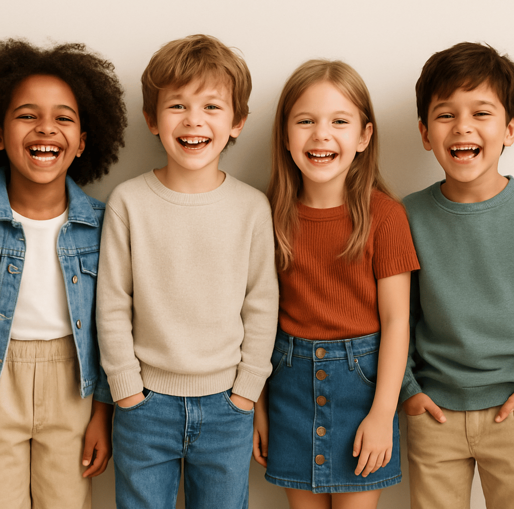 A diverse family smiling outdoors, each wearing vibrant clothing from Stylesphere's latest collection.