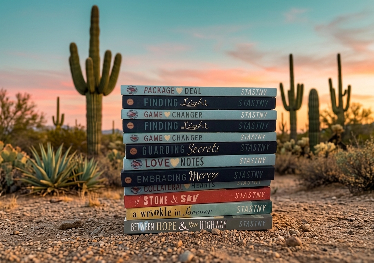 book spines of Charissa Stastny with saguaro desert background