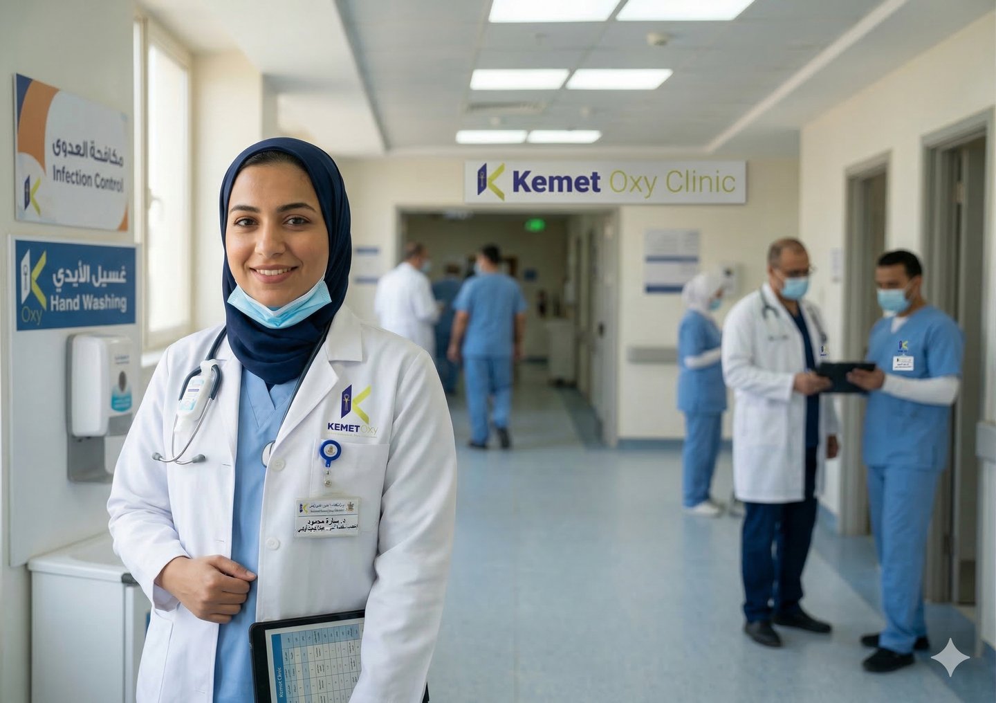 A smiling female doctor in stands in the Kemet Oxy Clinic hallway with medical staff.