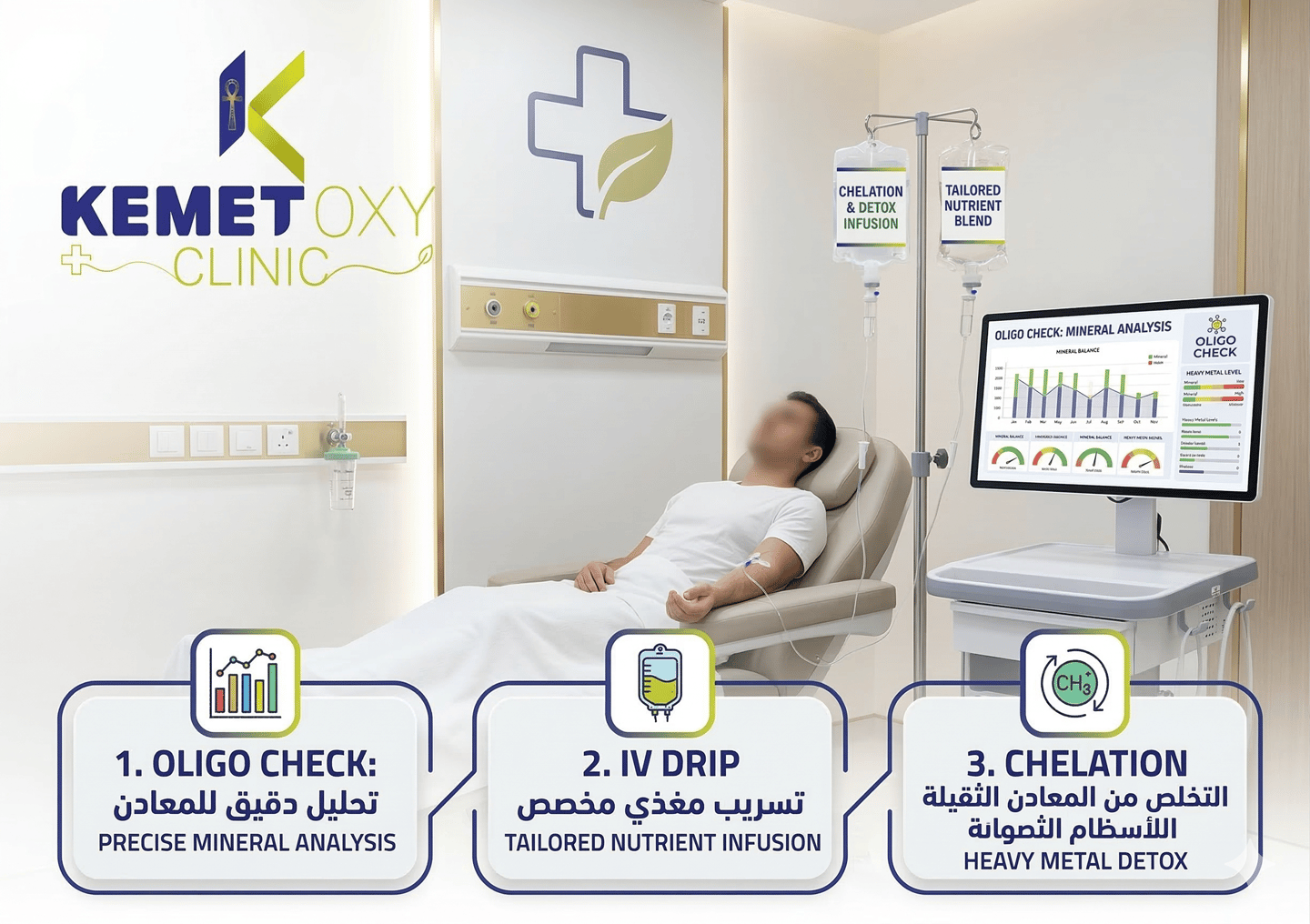 Patient receiving IV drip and chelation therapy at Kemetoxy Clinic for heavy metal detox and mineral analysis.