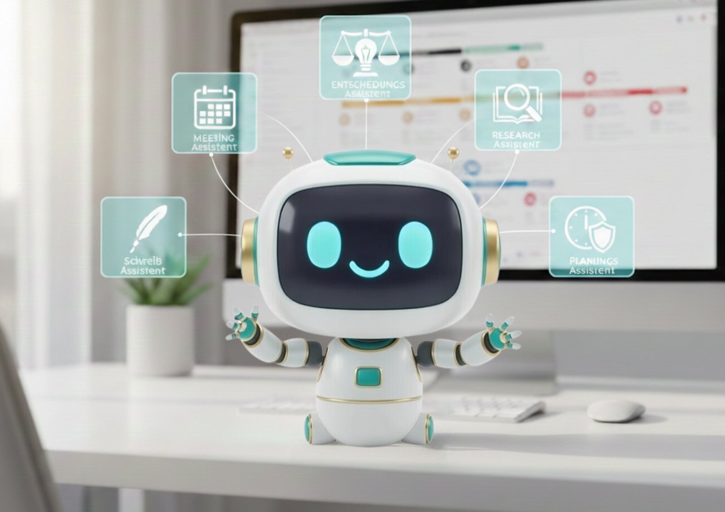 Ein kleiner freundlicher Roboter am Schreibtisch zeigt verschiedene KI-Assistenten für Meetings und 