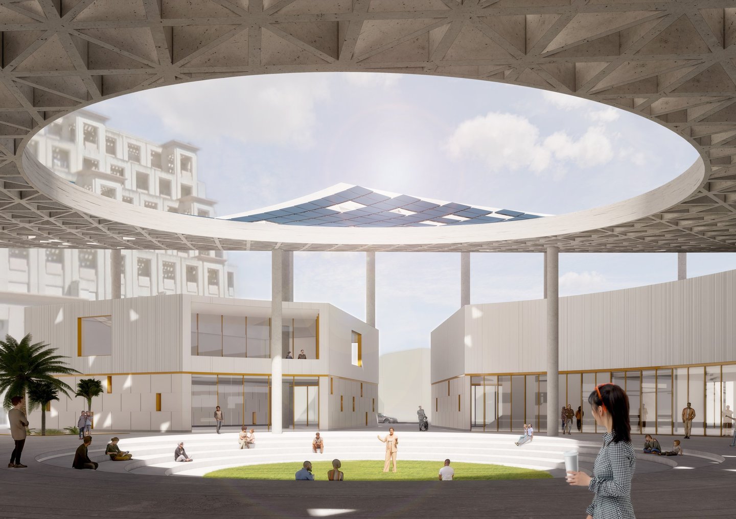 A woman looking at a solar panel covered roof through an oculus