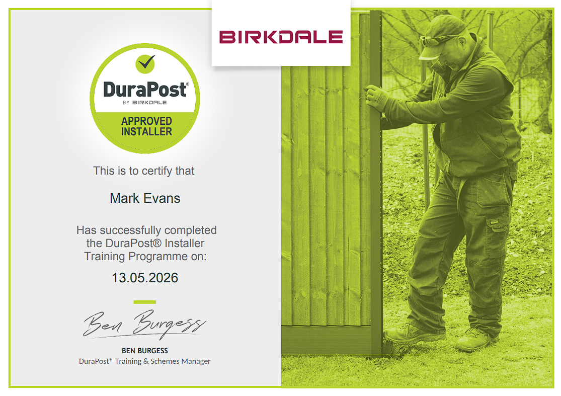 Birkdale DuraPost approved fencing installer certificate