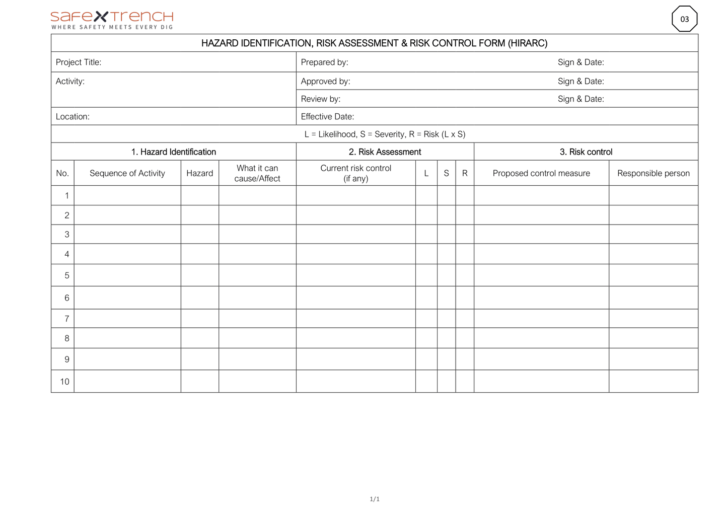 HIRARC hazard identification risk assessment and risk control form template