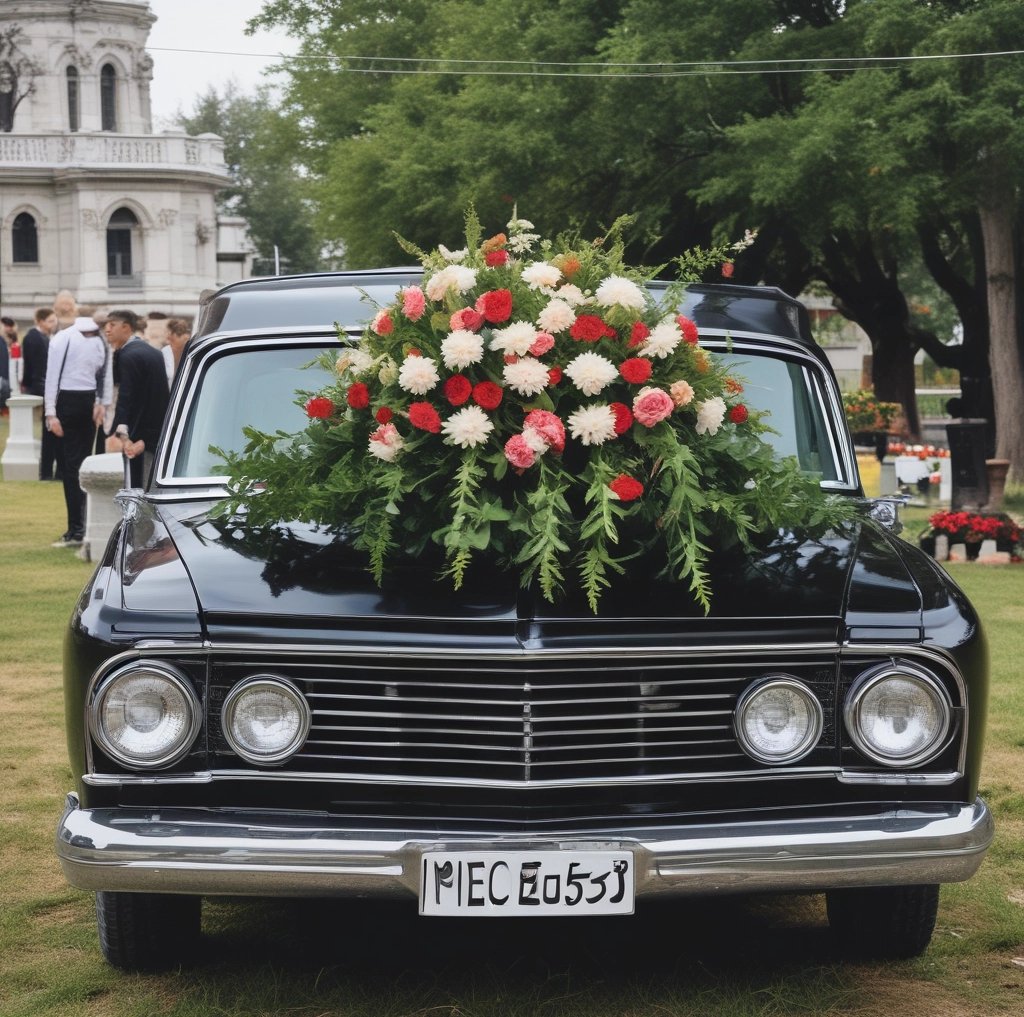 schwarzes bestattungsfahrzeug mit blumen schmuck vor dem friedhof an der trauerhalle