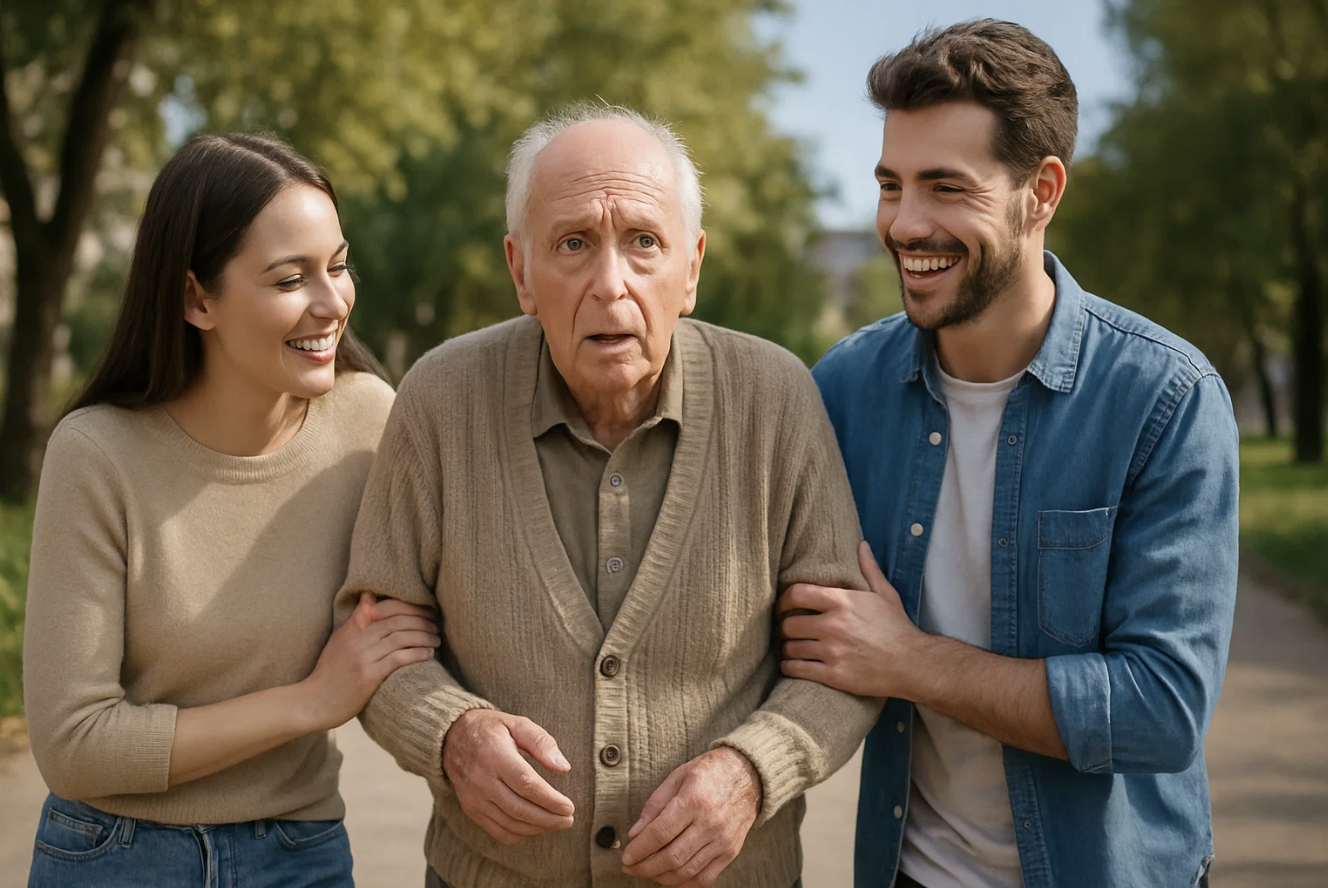 Deux personnes aident un homme âgé pour la journée mondiale d'Alzheimer.