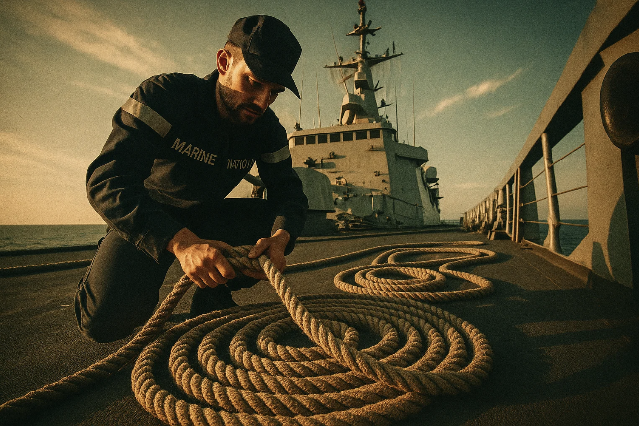 un marin range des cordages pour la journée du marin.