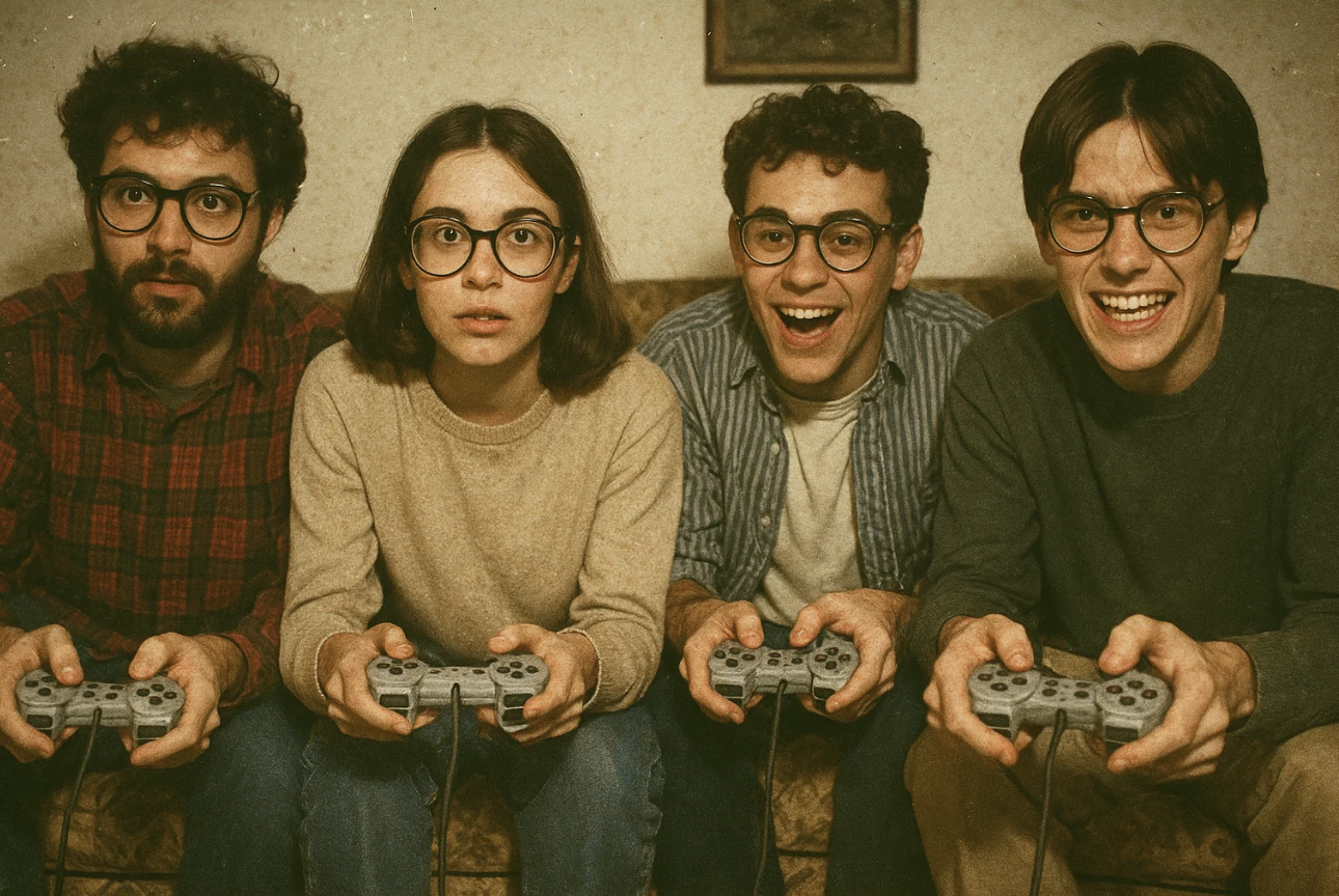 Quatre amis jouent ensemble à la console pour la journée internationale des geeks.