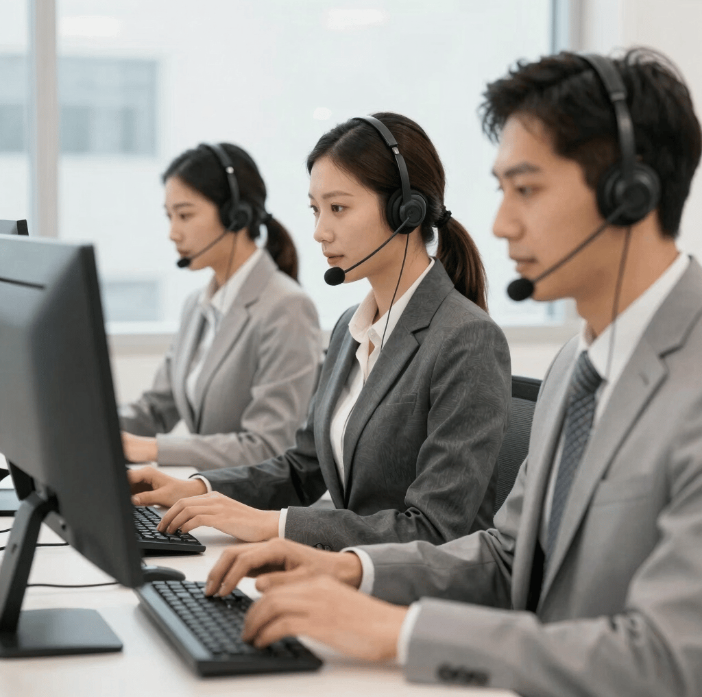 A friendly customer service representative answering calls in a modern office with industrial equipment visible through the window.