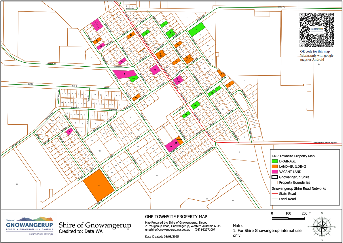 Detailed GNP Townsite property map for the Shire of Gnowangerup showing vacant land and property boundaries.