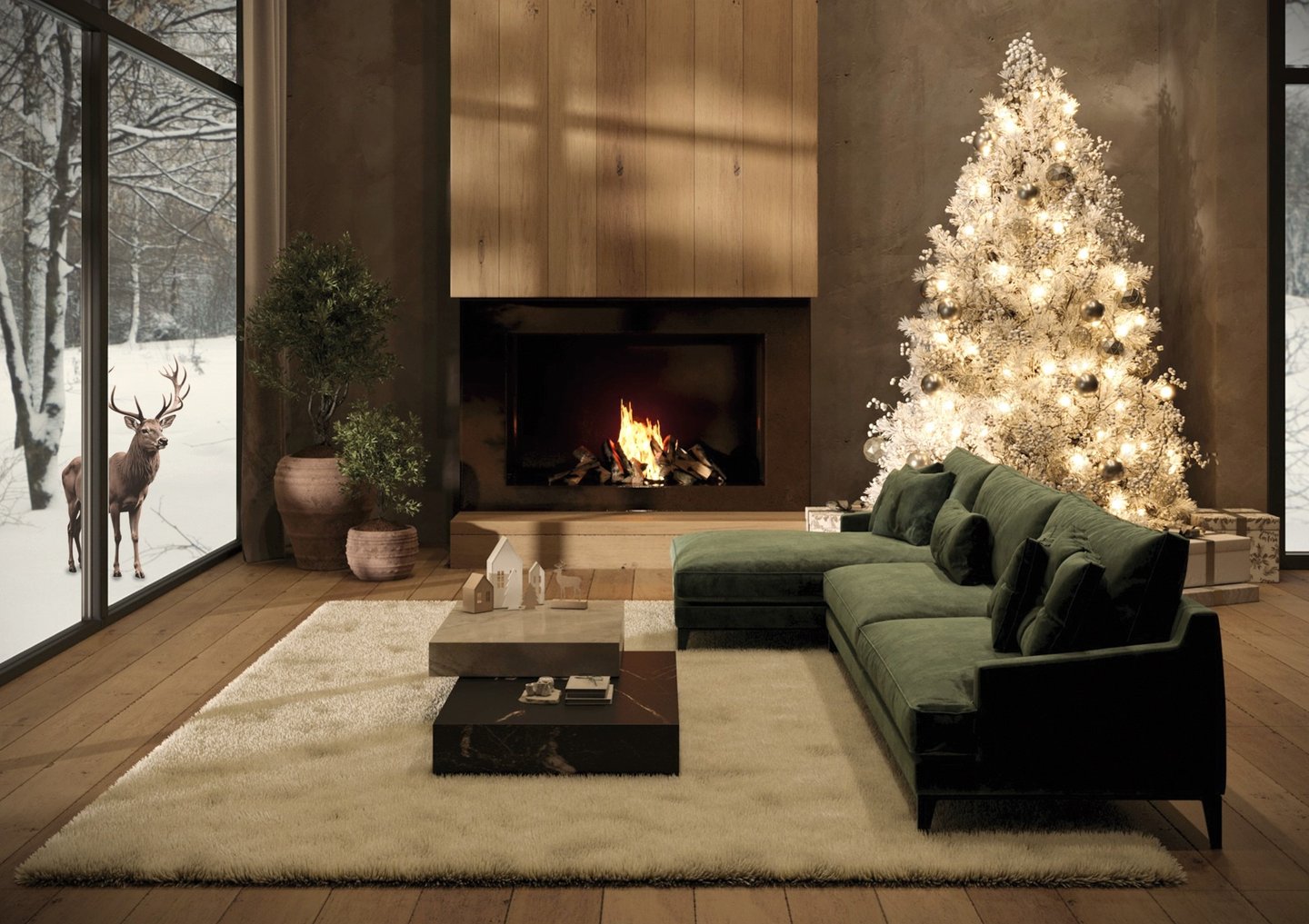 Render espacio interior navideño, salón acogedor con chimenea, decorado de navidad, vistas al bosque