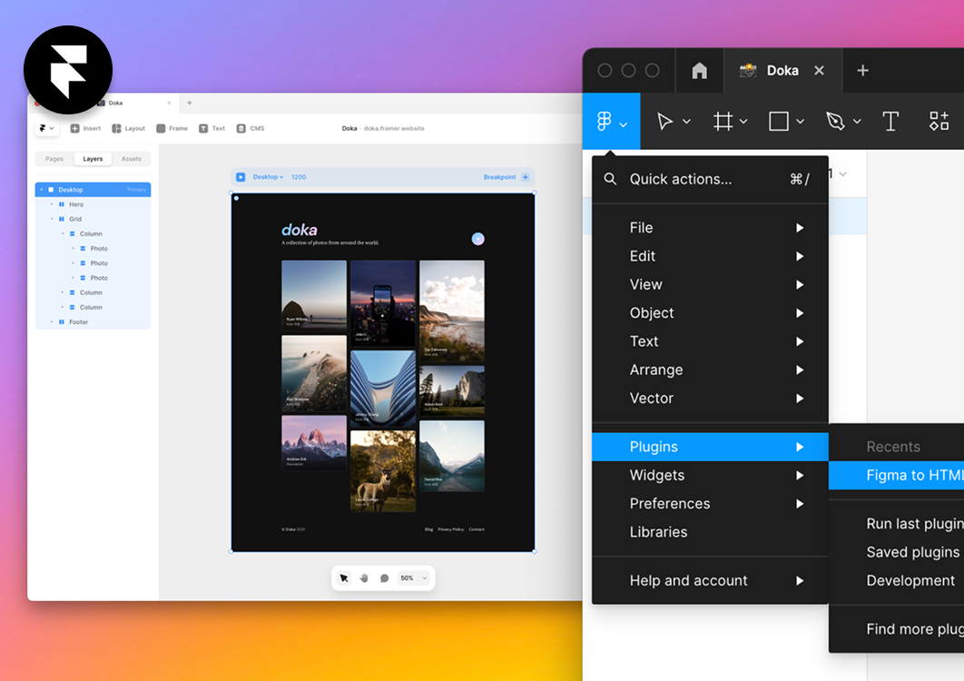 Imagem que mostra um desktop com uma imagem do plugin do Figma para o Framer