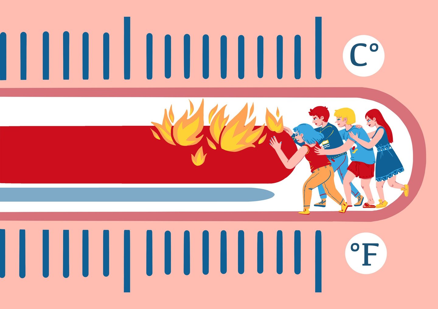 group of people trying to push back the mercury of a thermometer on fire