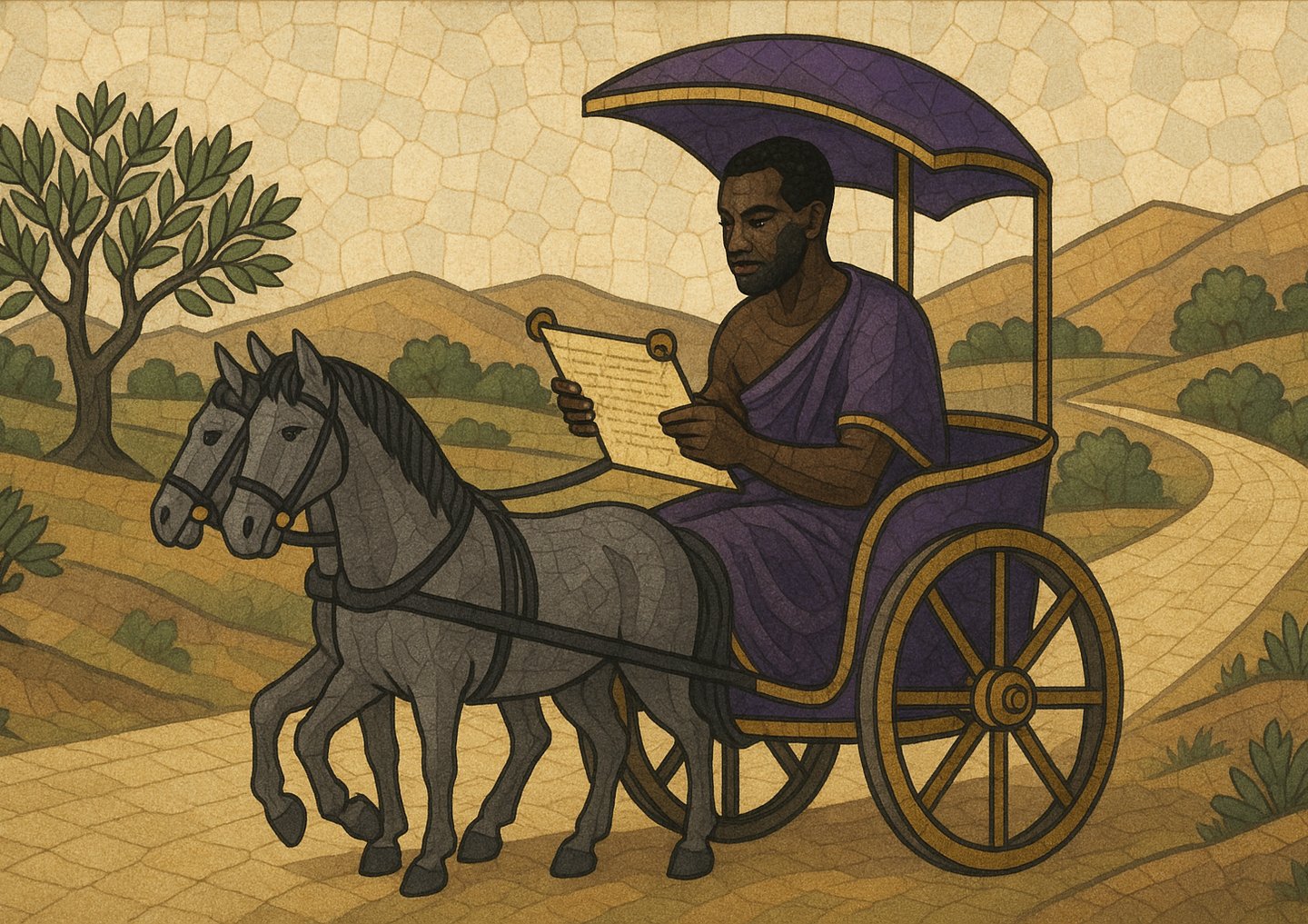 Ethiopian Eunuch in Acts 8 reading Isaiah from a scroll.