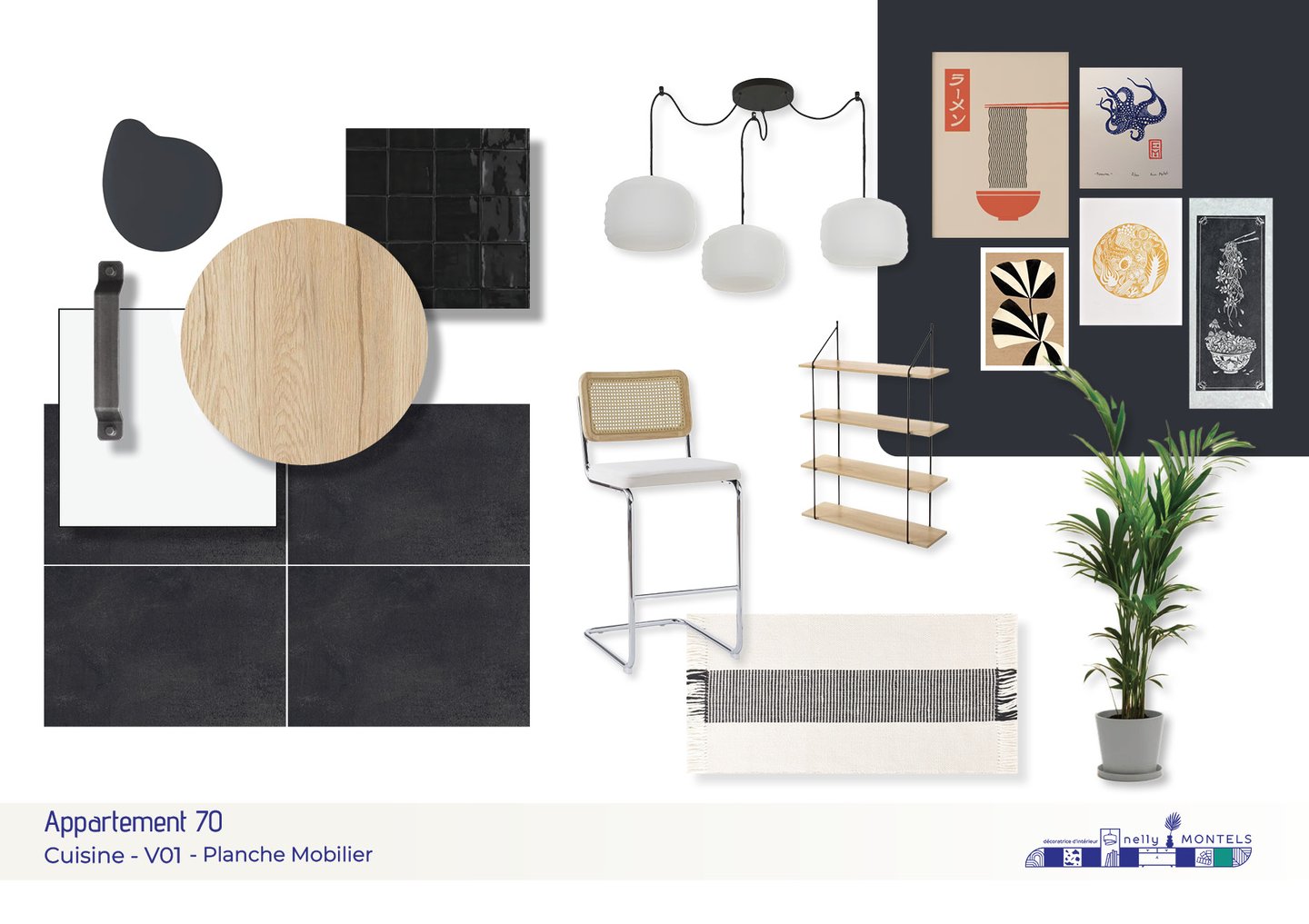 Planche mobilier cuisine noire bois blanche japandi