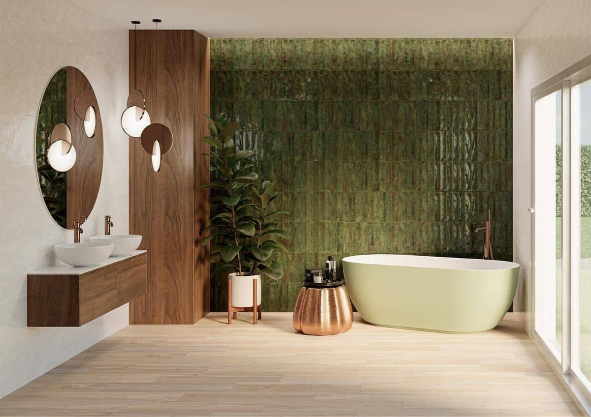 a bathroom with a tub tub and a bamboo mat