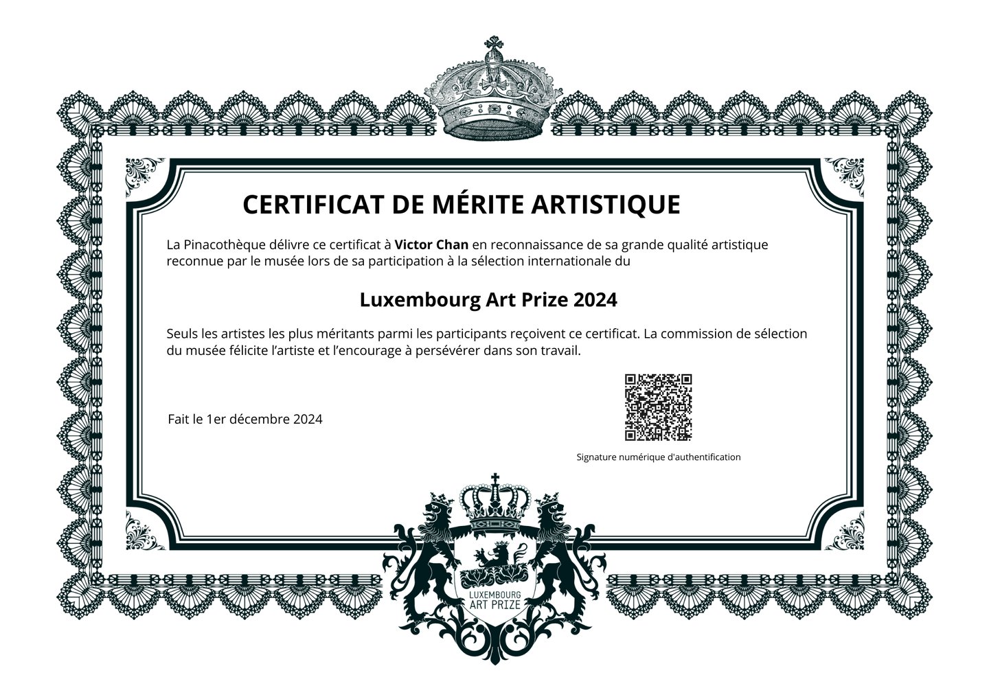Certificat de Mérite Artistique 2024 Luxembourg Art Prize