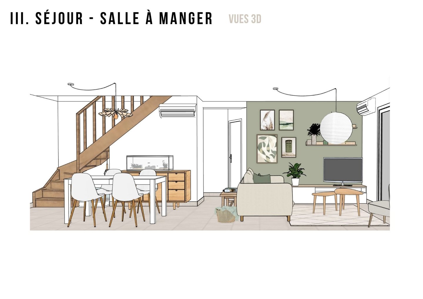 a drawing of a living room with a staircase and stairs